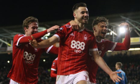 Ben Brereton celebrates putting Nottingham Forest 3-1 ahead from the penalty spot in their FA Cup third-round victory against Arsenal at the City Ground.