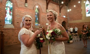 Rebecca Hickson (left) and Sarah Turnbull marry in Newcastle, NSW, on 9 January.