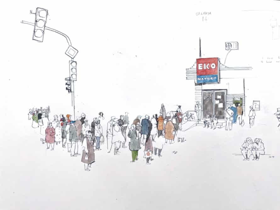 Drawing of a supermarket queue in Odesa by George Butler