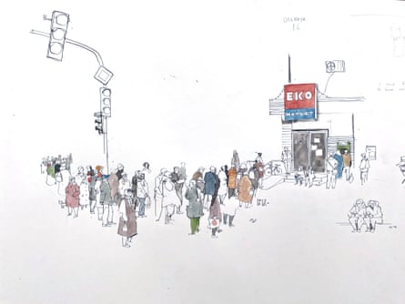 Drawing of a supermarket queue in Odesa by George Butler