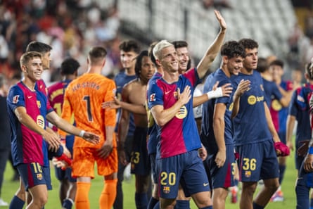 Dani Olmo and his new teammates celebrate after beating Rayo 3-2.