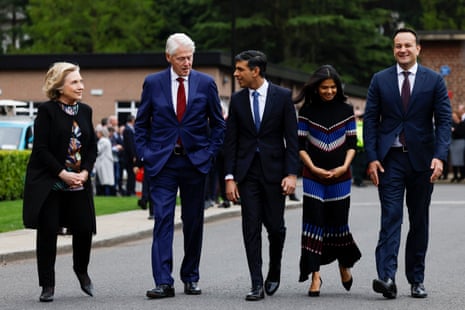 Left to right: Hillary Clinton, Bill Clinton, Rishi Sunak, his wife Akshata Murty and Leo Varadkar at Queen’s University Belfast on Wednesday