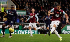 Burnley’s Chris Wood scores their second goal.