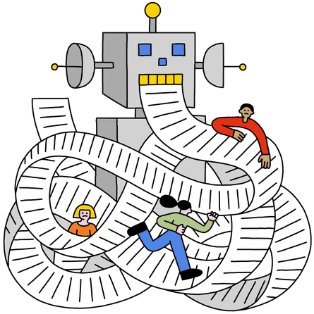 A robot prints long papers of writing that three students are tangled in #2F75D0