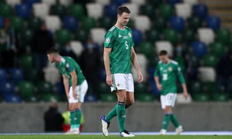 Jonny Evans, who will be 33 in March, looks dejected after Slovakia’s extra-time goal against Northern Ireland in the Euro 2020 play-off final.