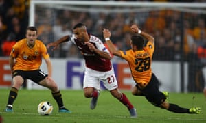 Wolves’ Joao Moutinho (right) cannot stop Fransergio going past him in Braga’s win in the Europa League at Molineux.