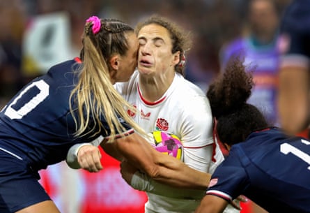 Abby Dow of England clashes heads with the USA’s McKenzie Hawkins at the Stadium Of Light.