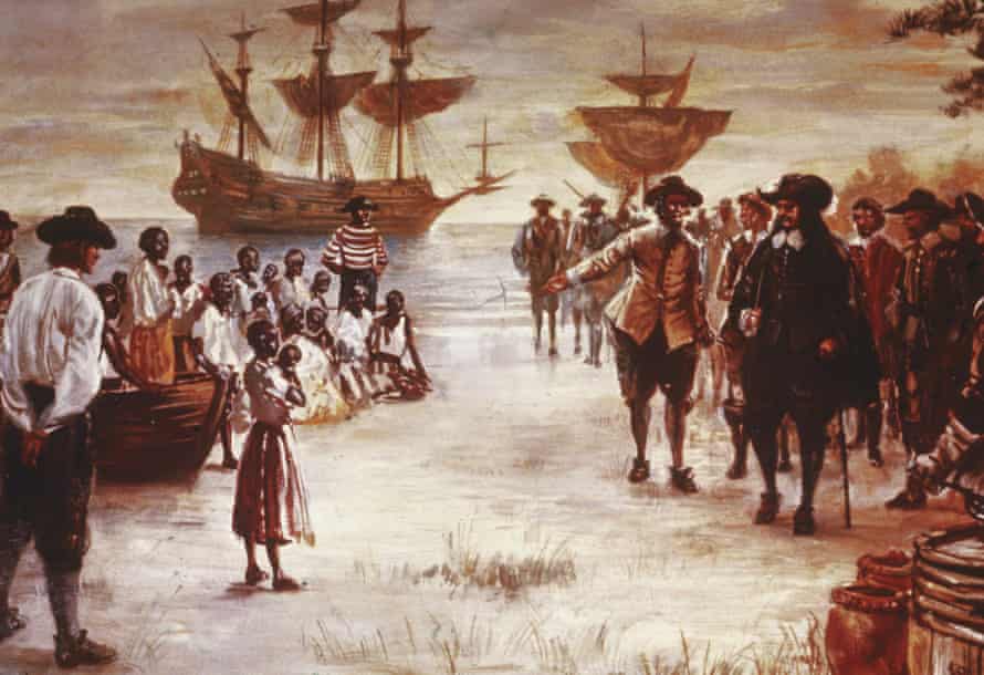 An engraving shows the arrival of a Dutch slave ship with a group of African slaves for sale at Jamestown, Virginia, 1619.