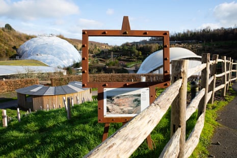 A view of Eden Project, with an inset image of how the clay quarry looked previously.