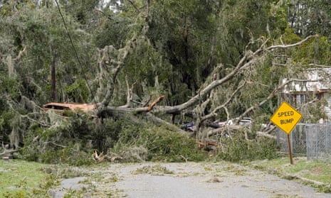 Trees and power lines block city streets, in Perry, Florida, in the aftermath of Hurricane Idalia.