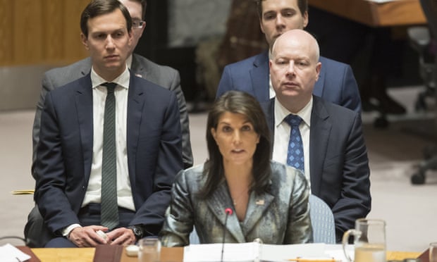 Jared Kushner and Jason Greenblatt listen as Nikki Haley speaks at the UN in 2018.