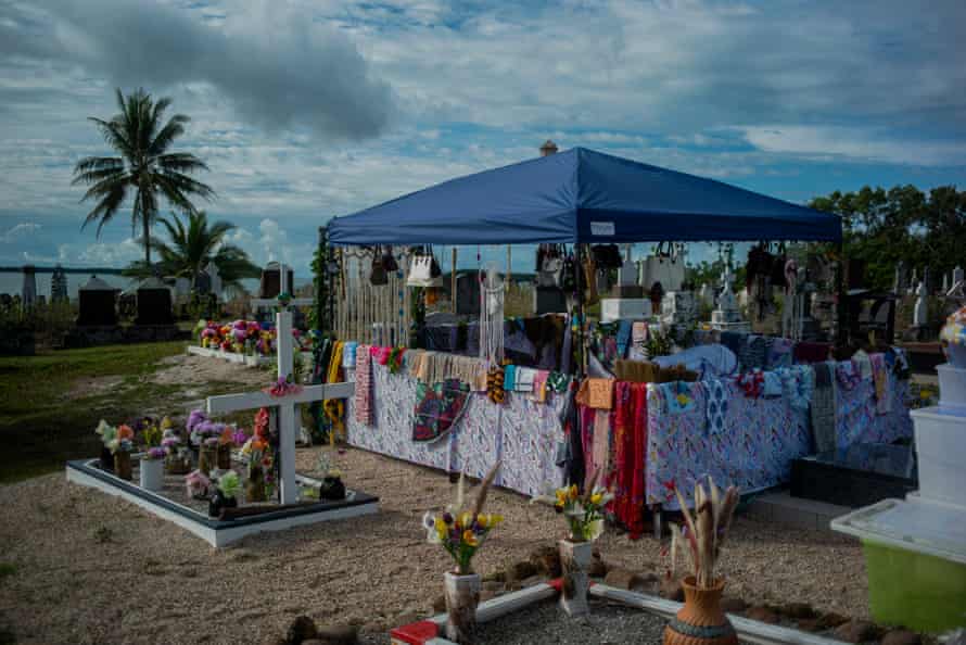 A gravesite is decorated in preparation for a Tombstone Revealing ceremony on Badu Island in the Torres Strait. Tombstone Reveal ceremonies are important cutural practices for Torres Strait communities and are the final celebration for the life of a deceased community member. The ceremonies are joyous occasions with families travelling from all over the country to attend. Picture by Kenton/Davey (Oculi).