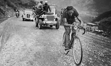 Ferdi Kübler riding uphill during a breakaway in the 16th stage of the Tour de France between Cannes and Briançon in July 1949.