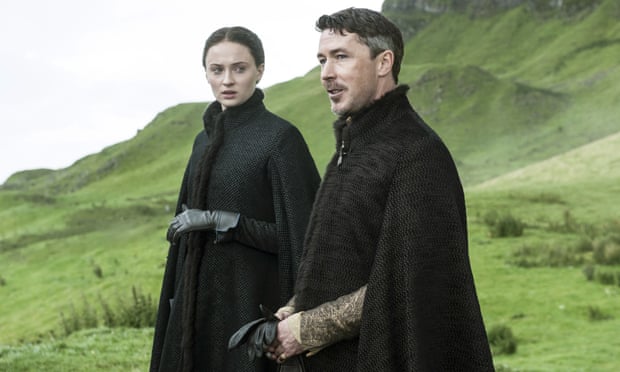 Sophie Turner as Sansa Stark and Aidan Gillen as Petyr Baelish, a Machiavellian presence in Game of Thrones.
