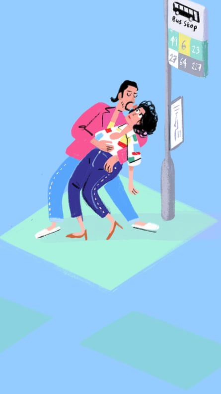 Illustration of man holding woman who leans back as he attempts to kiss her at a bus stop