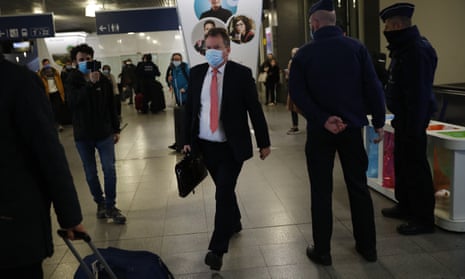 Britain’s chief negotiator, David Frost, wears a protective face mask as he arrives in Brussels for Brexit talks.