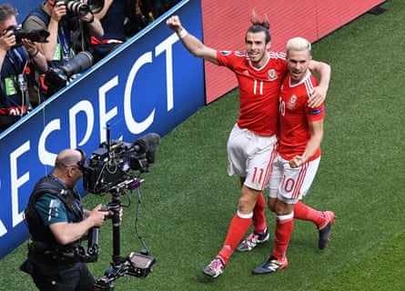Gareth Bale and Aaron Ramsey wheel away with glee after Wales took the lead against Northern Ireland in the quarter-finals of Euro 2016