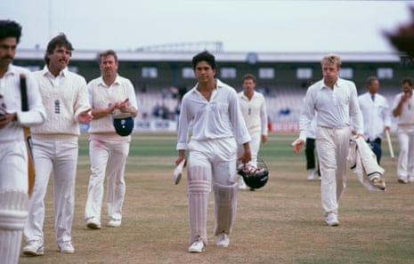 Sachin Tendulkar, centre, in the second test of England v India at Manchester’s Old Trafford in 1990.