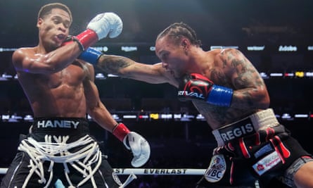 Regis Prograis lands a rare blow on Devin Haney during their fight in San Francisco