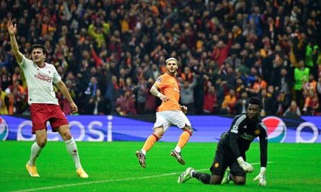 Galatasaray's Mauro Icardi celebrates after scoring a goal against Manchester United but it was ruled out for offside.