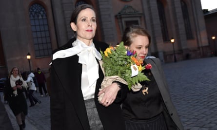 The Swedish Academy’s former permanent secretary Sara Danius, left, with academy member Sara Stridsberg outside the institutions offices on 12 April,