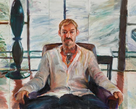 A colourful oil painting of Daniel Johns sitting in an armchair beside two dogs and a piano