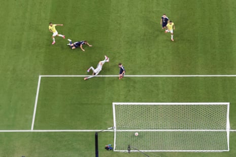 Matheus Cunha scores their third for Brazil past Angus Gunn.