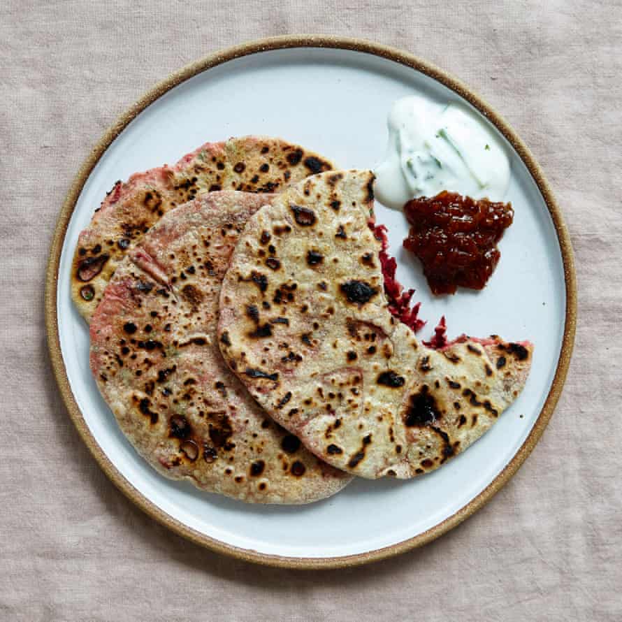 Romy Gill’s aloo paratha: flatbreads stuffed with spicy potatoes and beetroot, and served with raita and chutney.