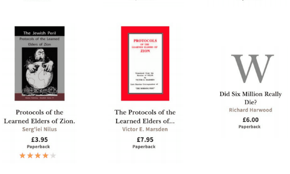 Waterstones’ website listings for books deemed to be far-right or antisemitic by Hope Not Hate.