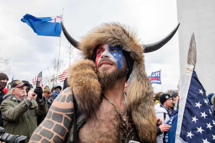Jake Angeli also known as Qanon Shaman is seen as Trump supporters protest outside of the Capitol Building on January 6, 2021 in Washington DC. Trump Supporters Gather For “Stop The Steal” Rally In DC As Electoral College Meets To Certify Joe Biden’s Election Win, Washington, USA - 06 Jan 2021