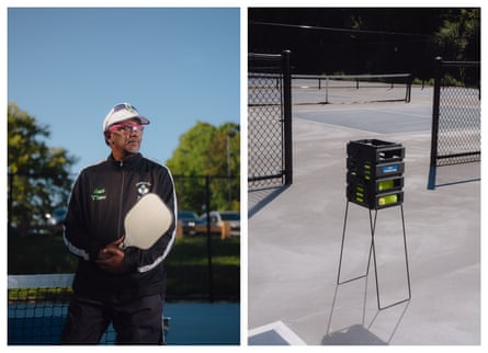 A pair of images shows a man in a visor holding a square paddle on the left. On the right is a stack of small square crates on a tall spindly stand. Each layer of crates holds bright green balls.