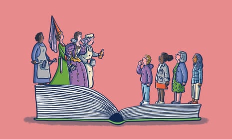 Illustration shows a group of contemporary women standing on the pages of an open book, looking up at another group in historical dress