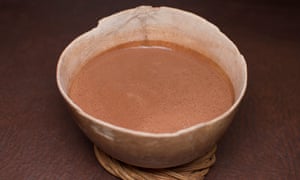Chocolate drink served in a traditional jicara bowl in southern Mexico.