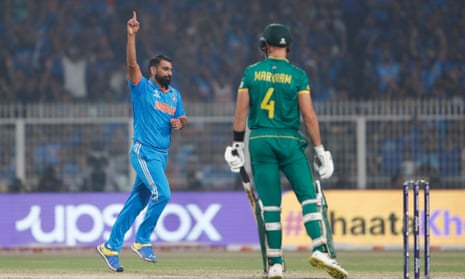 Mohammed Shami of India celebrates the wicket of Aiden Markram.