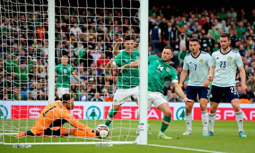 Alan Brown scores Ireland's first goal against Scotland.