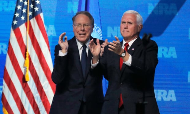 Wayne LaPierre with Mike Pence at the NRA convention in Dallas in May 2018. The NRA announced it would be counter-suing the attorney general’s office.