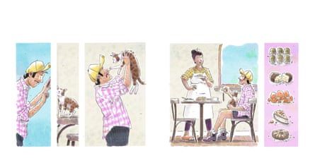 Double-page spread showing a number of panels - graphic novel style - featuring Yacob, Tinka the Cat, Mari the baker, and food.