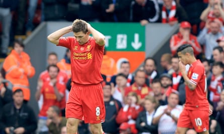 Steven Gerrard shows his dismay after his slip derailed Liverpool’s title bid in 2014