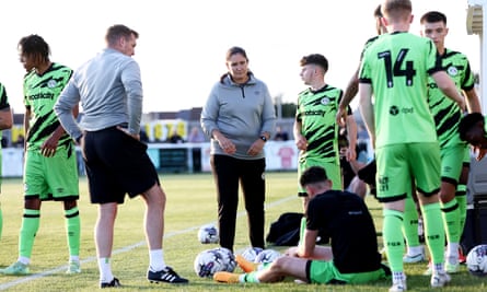 Hannah Dingley encourages the Forest Green players at half-time.
