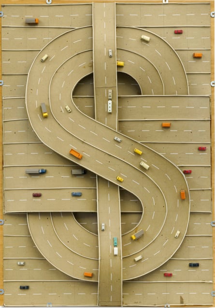 Thomas Bayrle, $, 1981, Kunstwerk aus Pappe und Spielzeugautos.