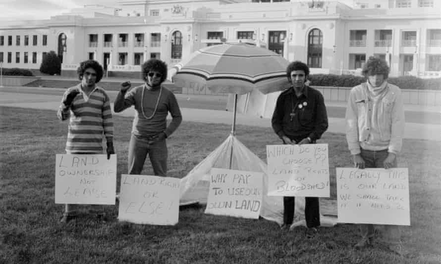 The setting up of the Aboriginal Tent Embassy, 27 January, 1972.First day of the Aboriginal Embassy, 27 January 1972. Left to right: Billy Craigie, Bert Williams, Michael Anderson and Tony Coorey.