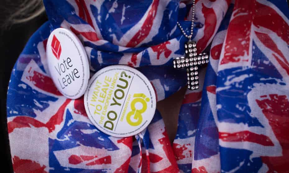 Vote leave badge on Union Jack printed fabric