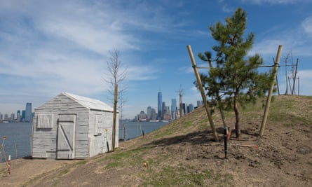 Rachel Whiteread’s Cabin with Lower Manhattan in the distance.