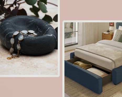 A Regina Andrew Lagoon Marble Bowl and Article Cigar Queen Upholstered Storage Bed