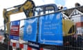 The Thames Water logo at pipe replacement work site in London, Britain, 28 March 2024