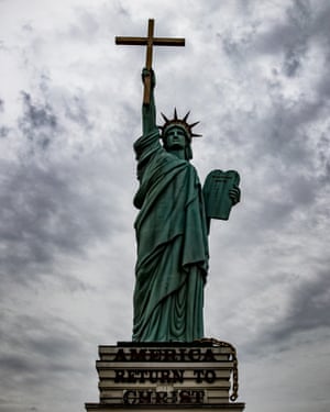 A statue outside a megachurch in Tennessee that proclaims: ‘America Return to Christ.’