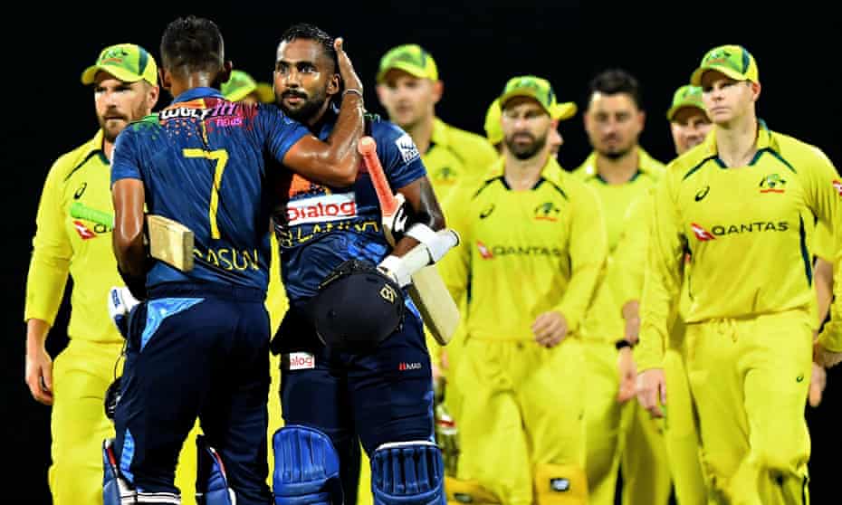 Dasun Shanaka (left) celebrates Sri Lanka’s win with teammate Chamika Karunaratne