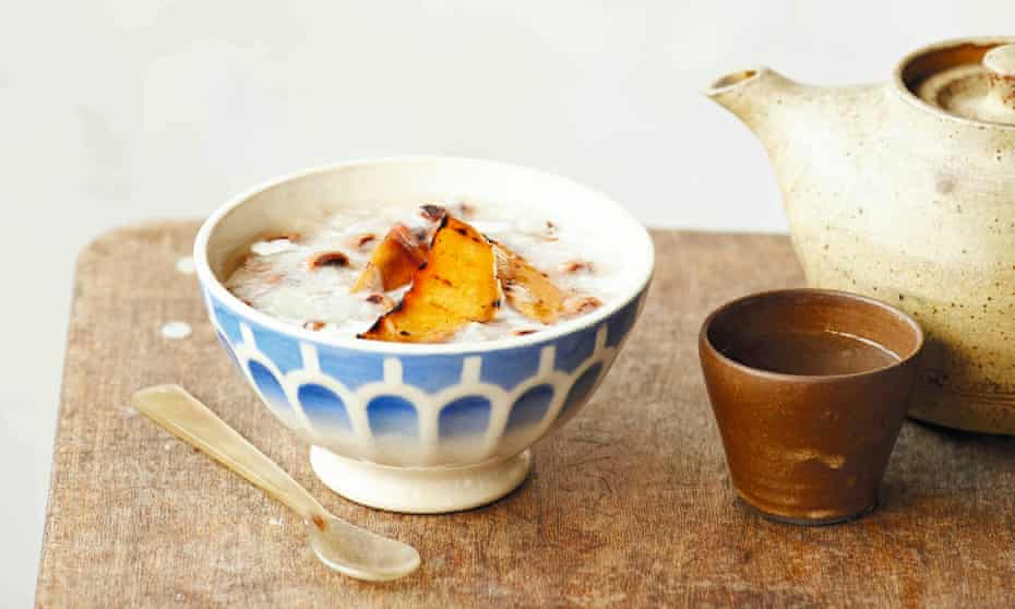 Uyen Luu’s Vietnamese coconut rice pudding with ginger syrup and grilled peaches.