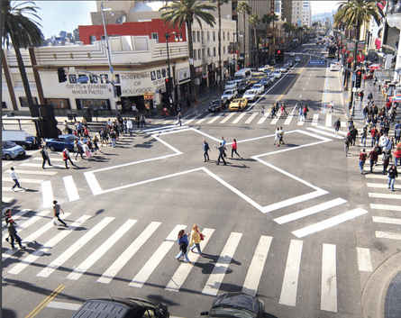The scramble crosswalk at Hollywood Blvd and Highland in Los Angeles