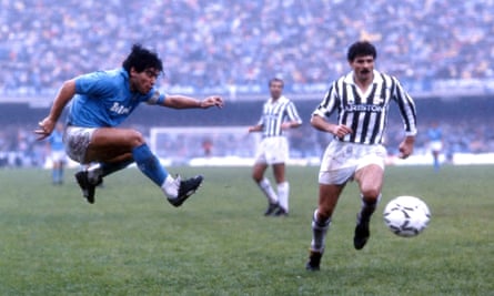 Diego Maradona in action for Napoli during a Serie A match between Napoli and Juventus in the mid-1980s.
